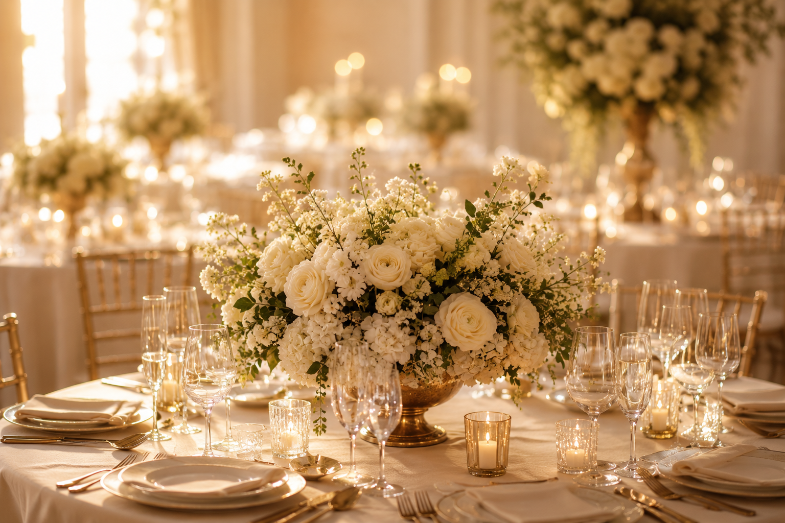 Luxury wedding reception at golden hour